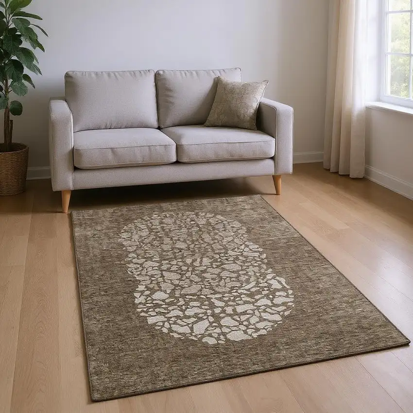 Chocolate And Ivory Abstract Washable Area Rug With UV Protection Photo 2