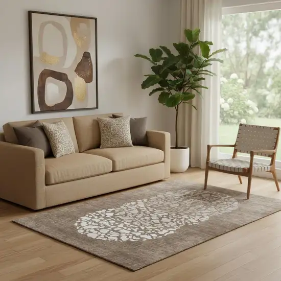 Chocolate And Ivory Abstract Washable Area Rug With UV Protection Photo 1