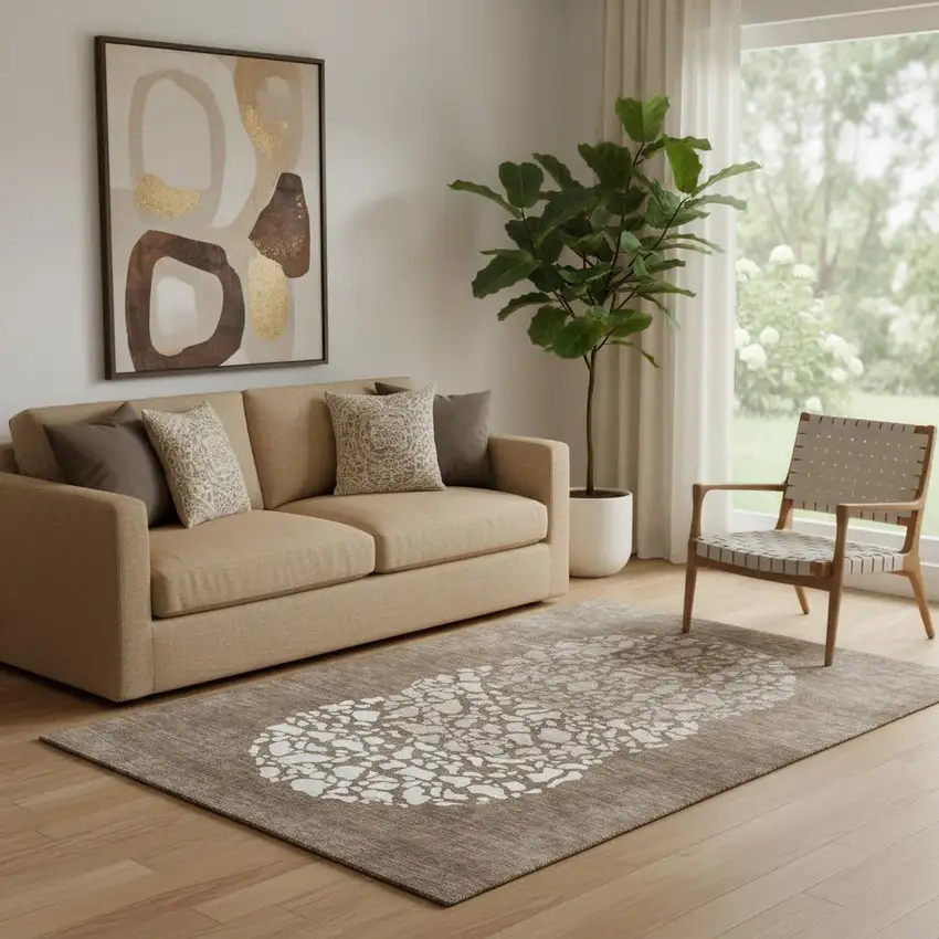 Chocolate And Ivory Abstract Washable Area Rug With UV Protection Photo 1