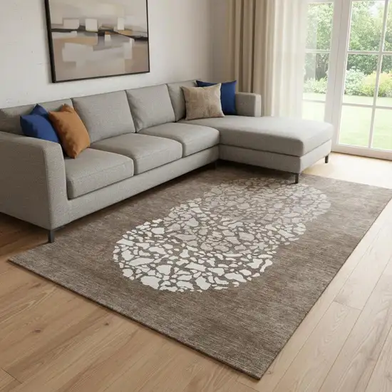 Chocolate And Ivory Abstract Washable Area Rug With UV Protection Photo 1