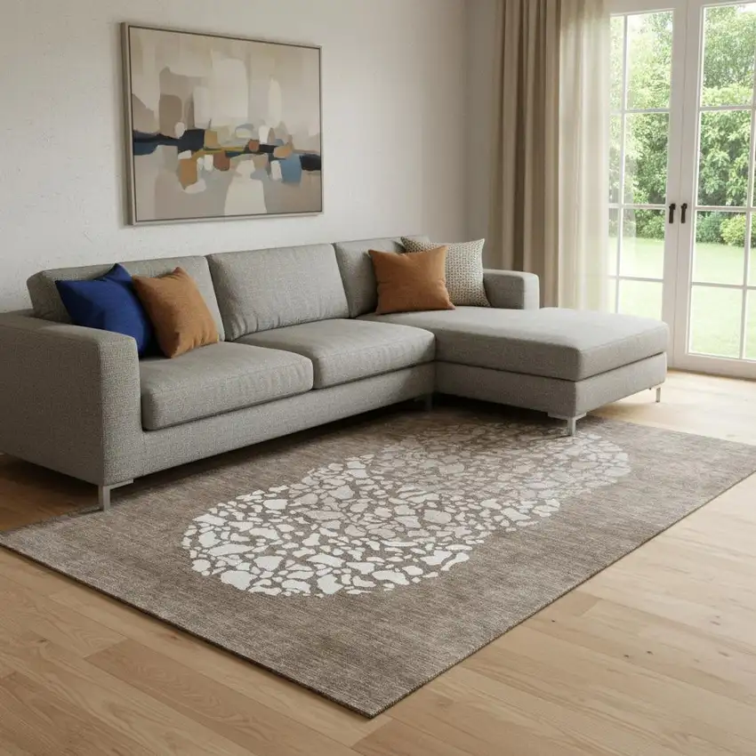 Chocolate And Ivory Abstract Washable Area Rug With UV Protection Photo 1