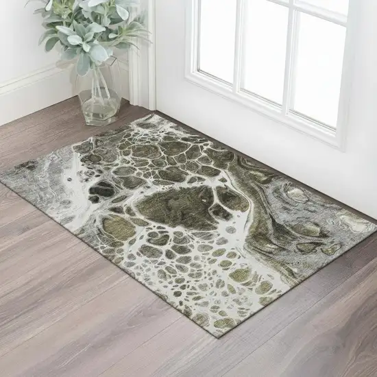 Chocolate And Ivory Abstract Washable Area Rug With UV Protection Photo 1