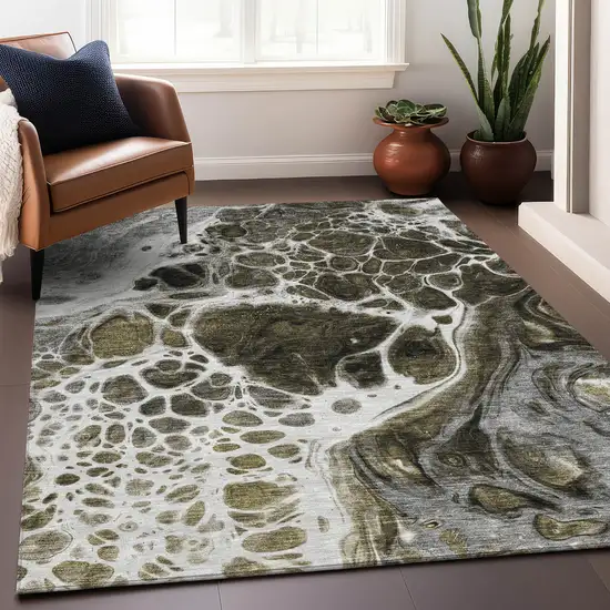 Chocolate And Ivory Abstract Washable Area Rug With UV Protection Photo 5