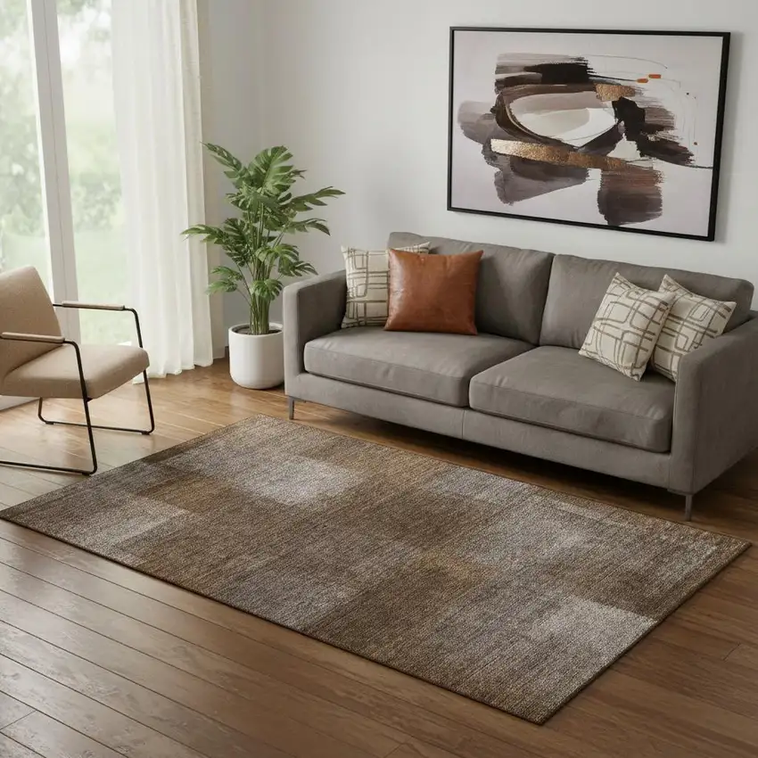 Chocolate And Ivory Abstract Washable Area Rug With UV Protection Photo 1