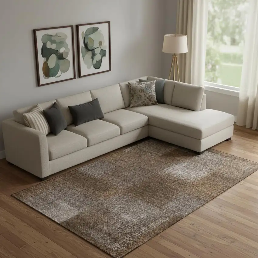 Chocolate And Ivory Abstract Washable Area Rug With UV Protection Photo 1