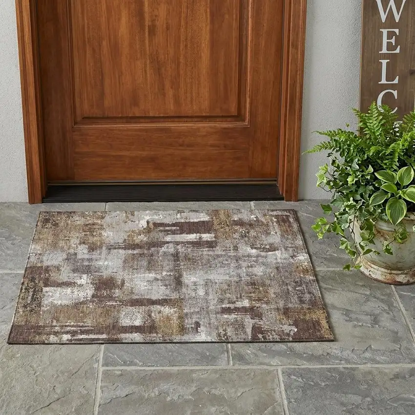 Chocolate And Ivory Abstract Washable Indoor Outdoor Area Rug Photo 1