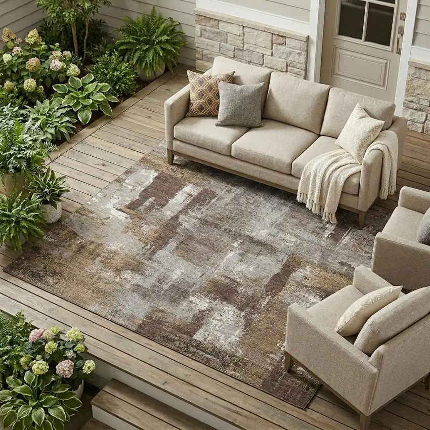 Chocolate And Ivory Abstract Washable Indoor Outdoor Area Rug Photo 1