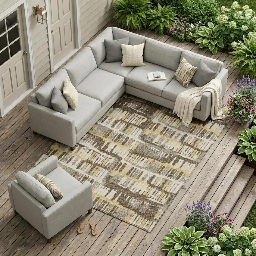 Chocolate And Ivory Abstract Washable Indoor Outdoor Area Rug Photo 1