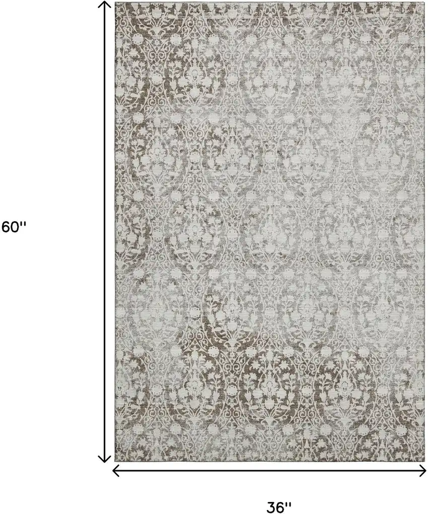 Chocolate And Ivory Damask Washable Area Rug With UV Protection Photo 3