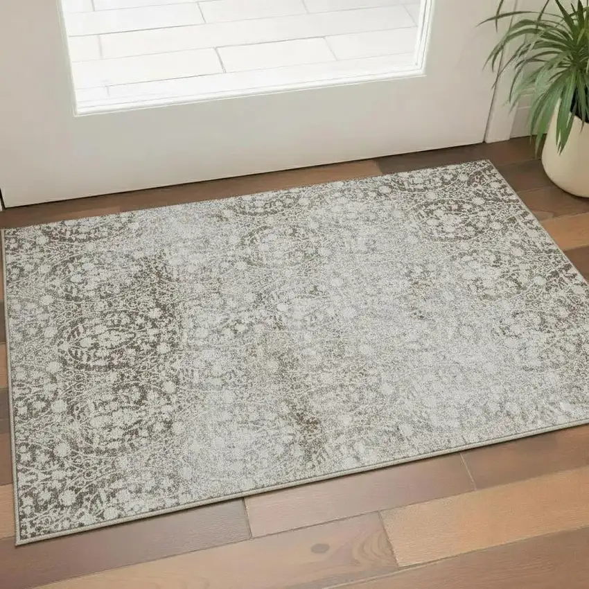 Chocolate And Ivory Damask Washable Area Rug With UV Protection Photo 2