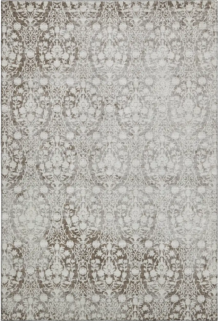 Chocolate And Ivory Damask Washable Area Rug With UV Protection Photo 1