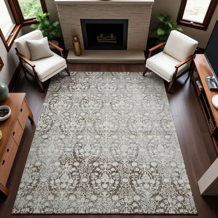 Chocolate And Ivory Damask Washable Area Rug With UV Protection Photo 5