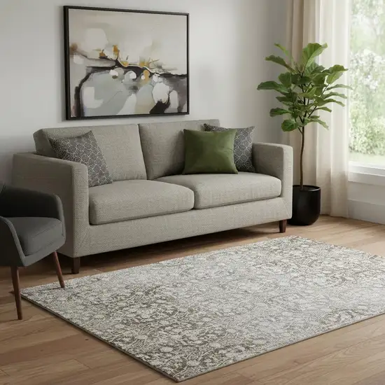 Chocolate And Ivory Damask Washable Area Rug With UV Protection Photo 2