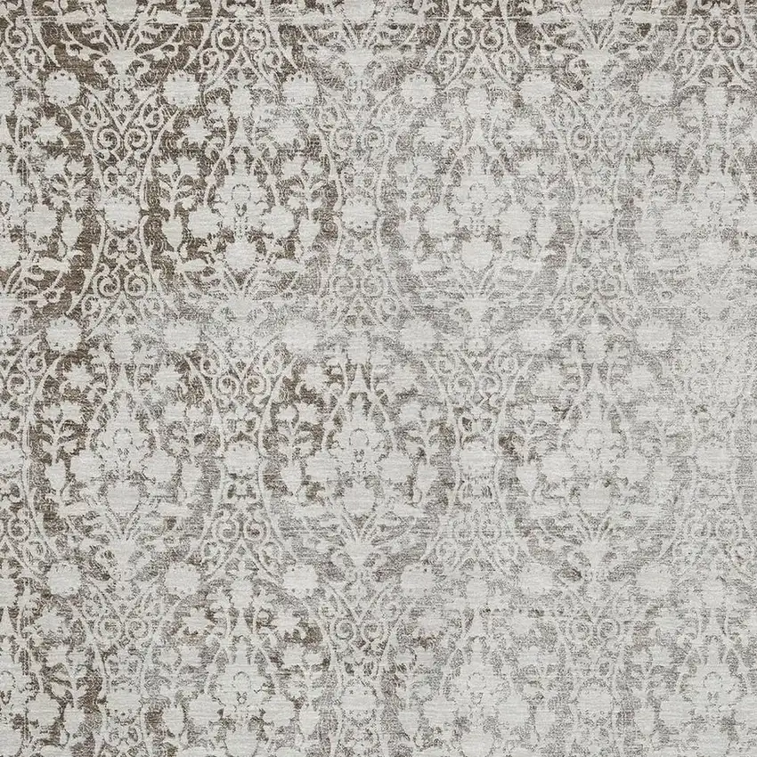 Chocolate And Ivory Damask Washable Area Rug With UV Protection Photo 2