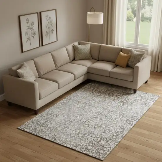 Chocolate And Ivory Damask Washable Area Rug With UV Protection Photo 2