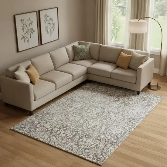 Chocolate And Ivory Damask Washable Area Rug With UV Protection Photo 2