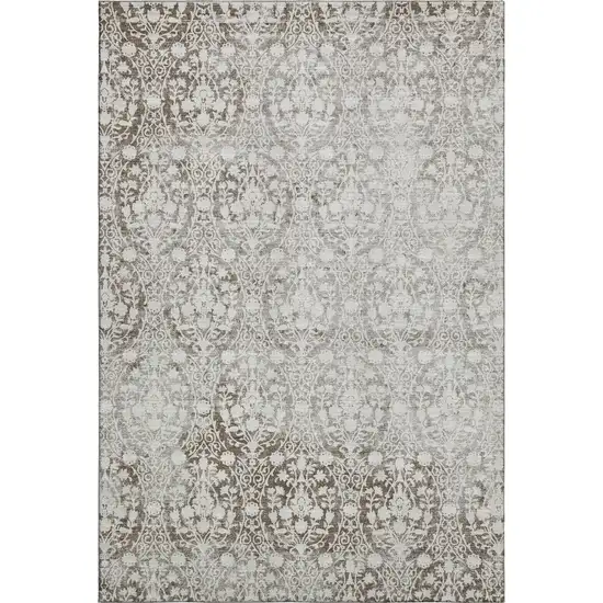 Chocolate And Ivory Damask Washable Area Rug With UV Protection Photo 1