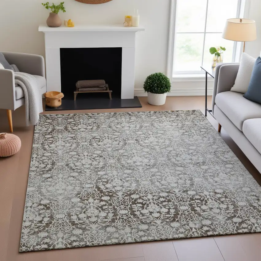 Chocolate And Ivory Damask Washable Area Rug With UV Protection Photo 5