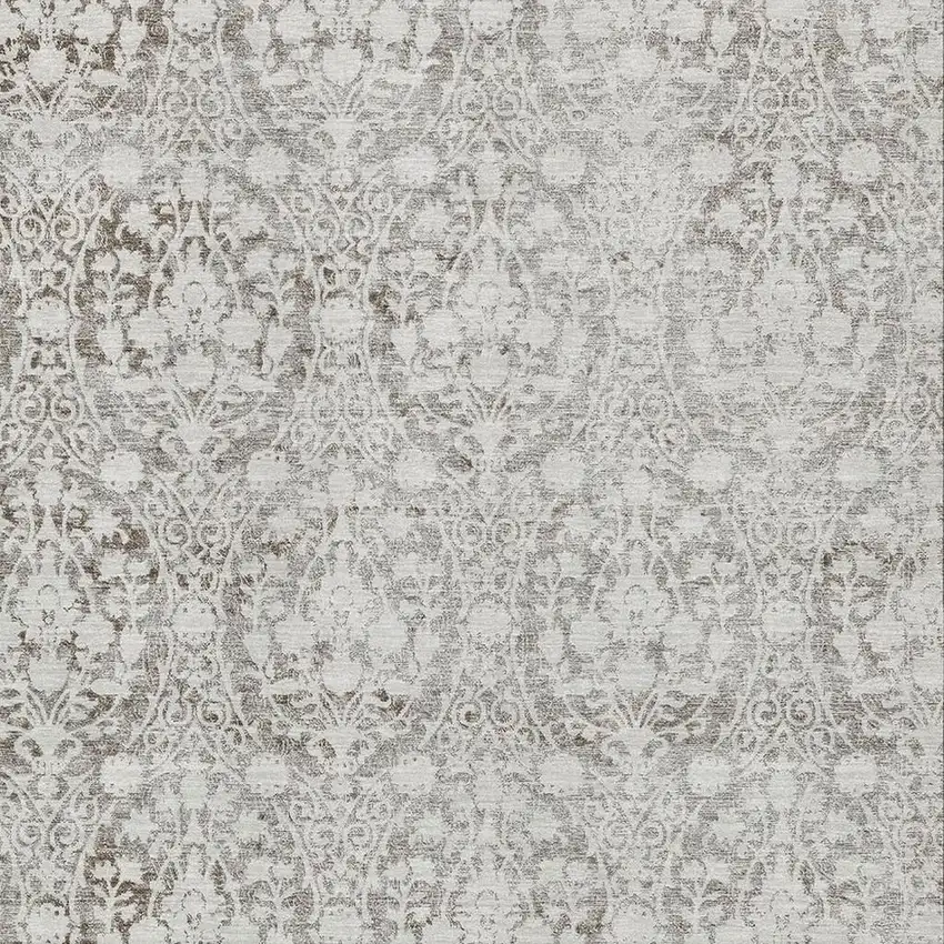 Chocolate And Ivory Damask Washable Area Rug With UV Protection Photo 2