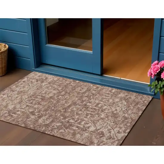 Chocolate And Ivory Damask Washable Indoor Outdoor Area Rug Photo 1