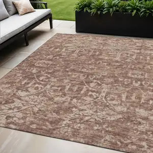 Photo of Chocolate And Ivory Damask Washable Indoor Outdoor Area Rug