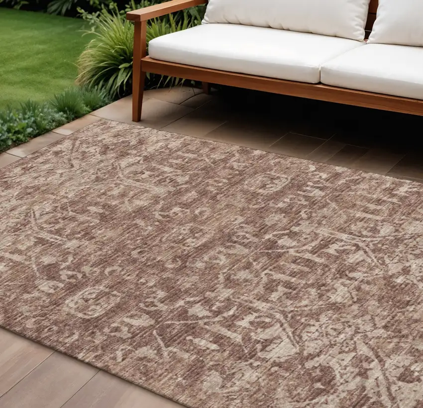 Chocolate And Ivory Damask Washable Indoor Outdoor Area Rug Photo 1