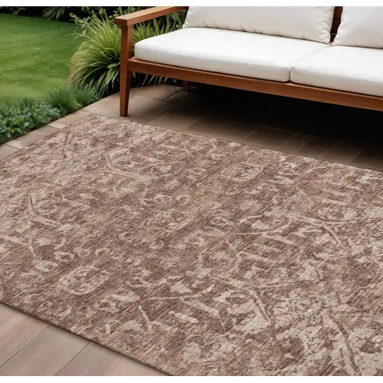 Chocolate And Ivory Damask Washable Indoor Outdoor Area Rug Photo 1