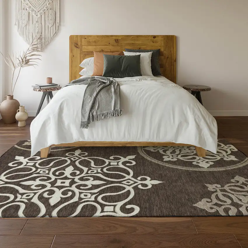 Chocolate And Ivory Floral Medallion Washable Area Rug With UV Protection Photo 6