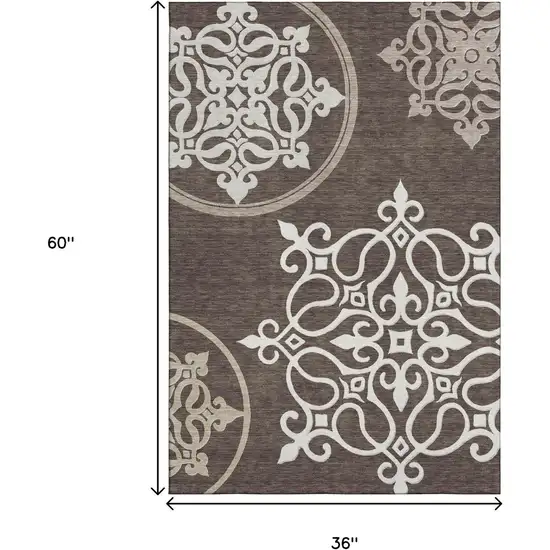 Chocolate And Ivory Floral Medallion Washable Area Rug With UV Protection Photo 3