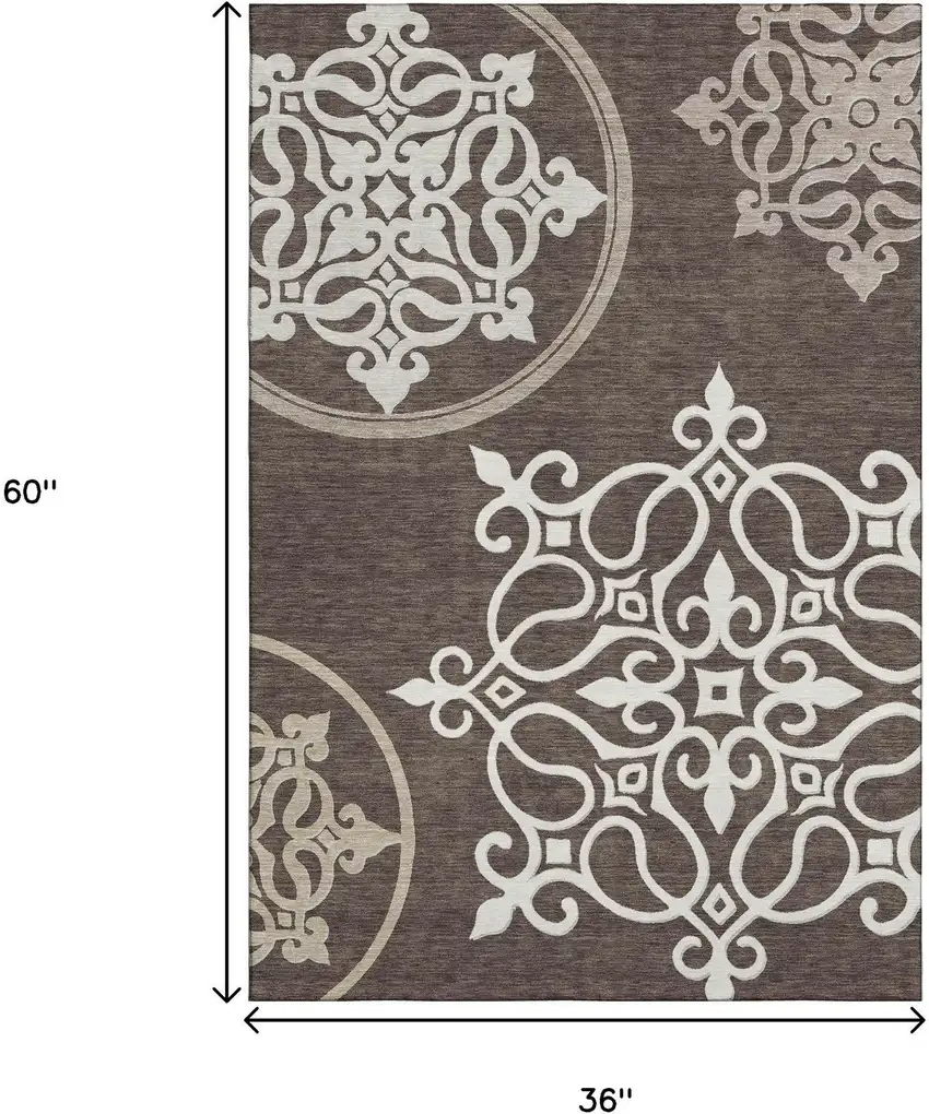 Chocolate And Ivory Floral Medallion Washable Area Rug With UV Protection Photo 3
