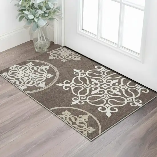 Chocolate And Ivory Floral Medallion Washable Area Rug With UV Protection Photo 2