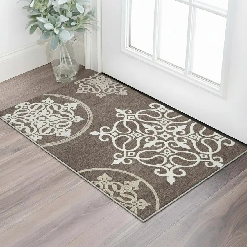 Chocolate And Ivory Floral Medallion Washable Area Rug With UV Protection Photo 2