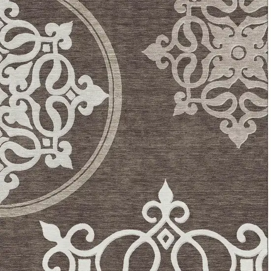 Chocolate And Ivory Floral Medallion Washable Area Rug With UV Protection Photo 3