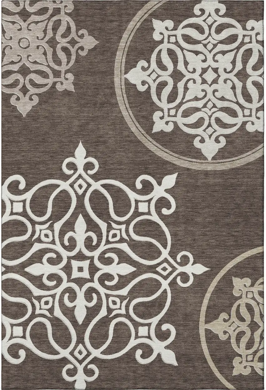 Chocolate And Ivory Floral Medallion Washable Area Rug With UV Protection Photo 4