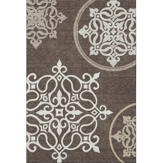 Chocolate And Ivory Floral Medallion Washable Area Rug With UV Protection Photo 4