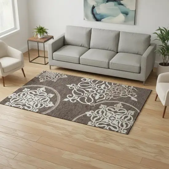 Chocolate And Ivory Floral Medallion Washable Area Rug With UV Protection Photo 2