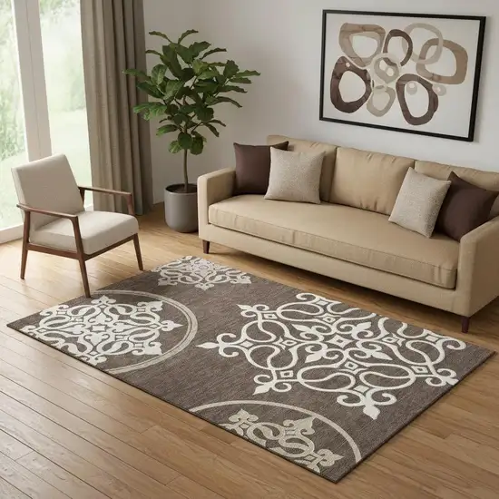 Chocolate And Ivory Floral Medallion Washable Area Rug With UV Protection Photo 1