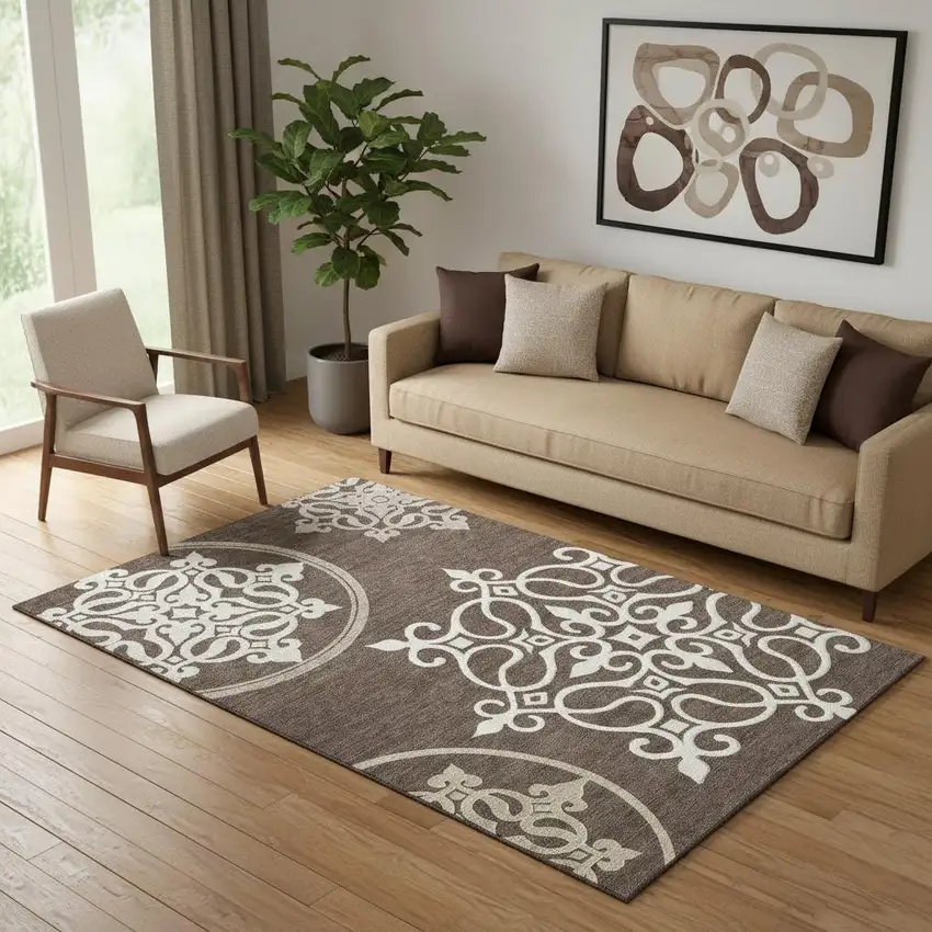 Chocolate And Ivory Floral Medallion Washable Area Rug With UV Protection Photo 1