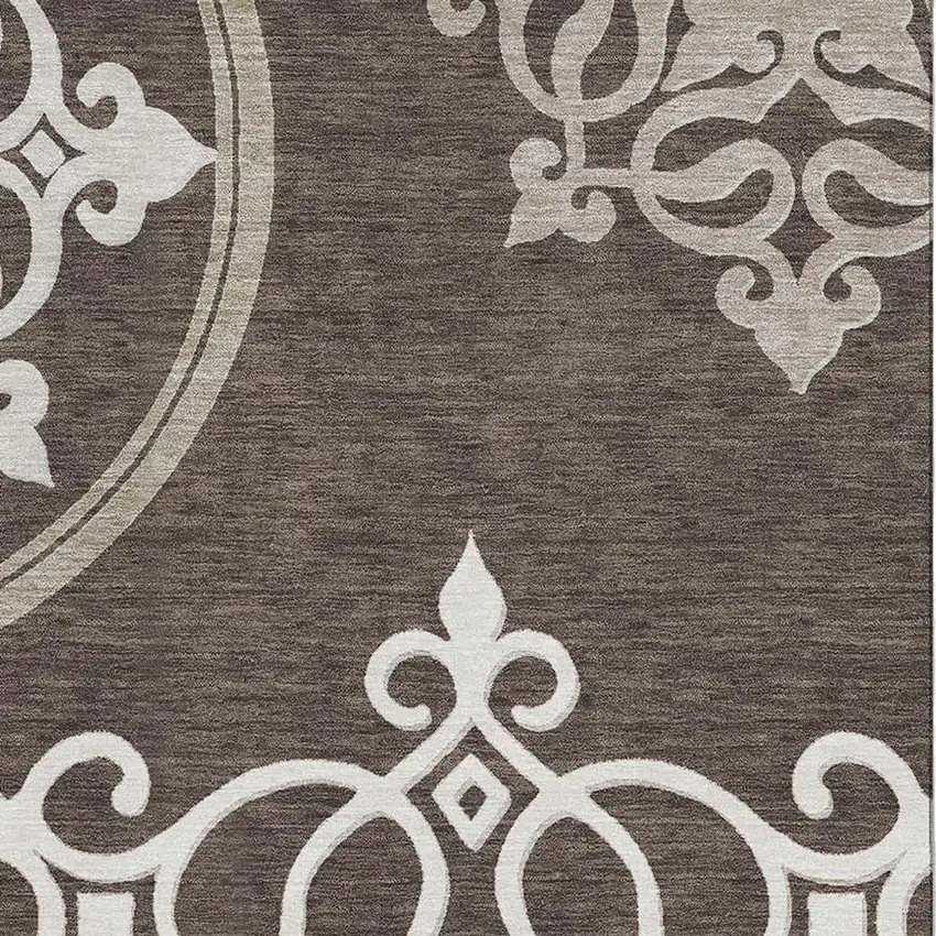 Chocolate And Ivory Floral Medallion Washable Area Rug With UV Protection Photo 3