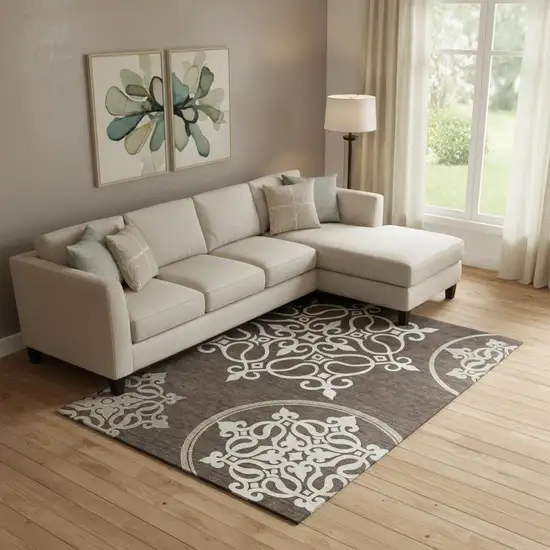 Chocolate And Ivory Floral Medallion Washable Area Rug With UV Protection Photo 1