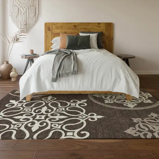 Chocolate And Ivory Floral Medallion Washable Area Rug With UV Protection Photo 6