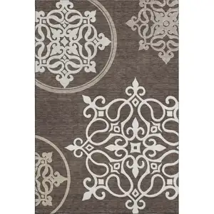 Photo of Chocolate And Ivory Floral Medallion Washable Area Rug With UV Protection