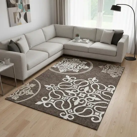 Chocolate And Ivory Floral Medallion Washable Area Rug With UV Protection Photo 2