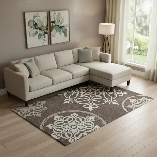 Chocolate And Ivory Floral Medallion Washable Area Rug With UV Protection Photo 1