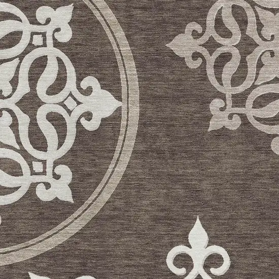 Chocolate And Ivory Floral Medallion Washable Area Rug With UV Protection Photo 3