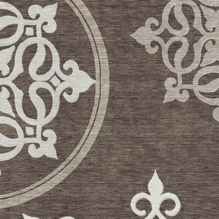 Chocolate And Ivory Floral Medallion Washable Area Rug With UV Protection Photo 3