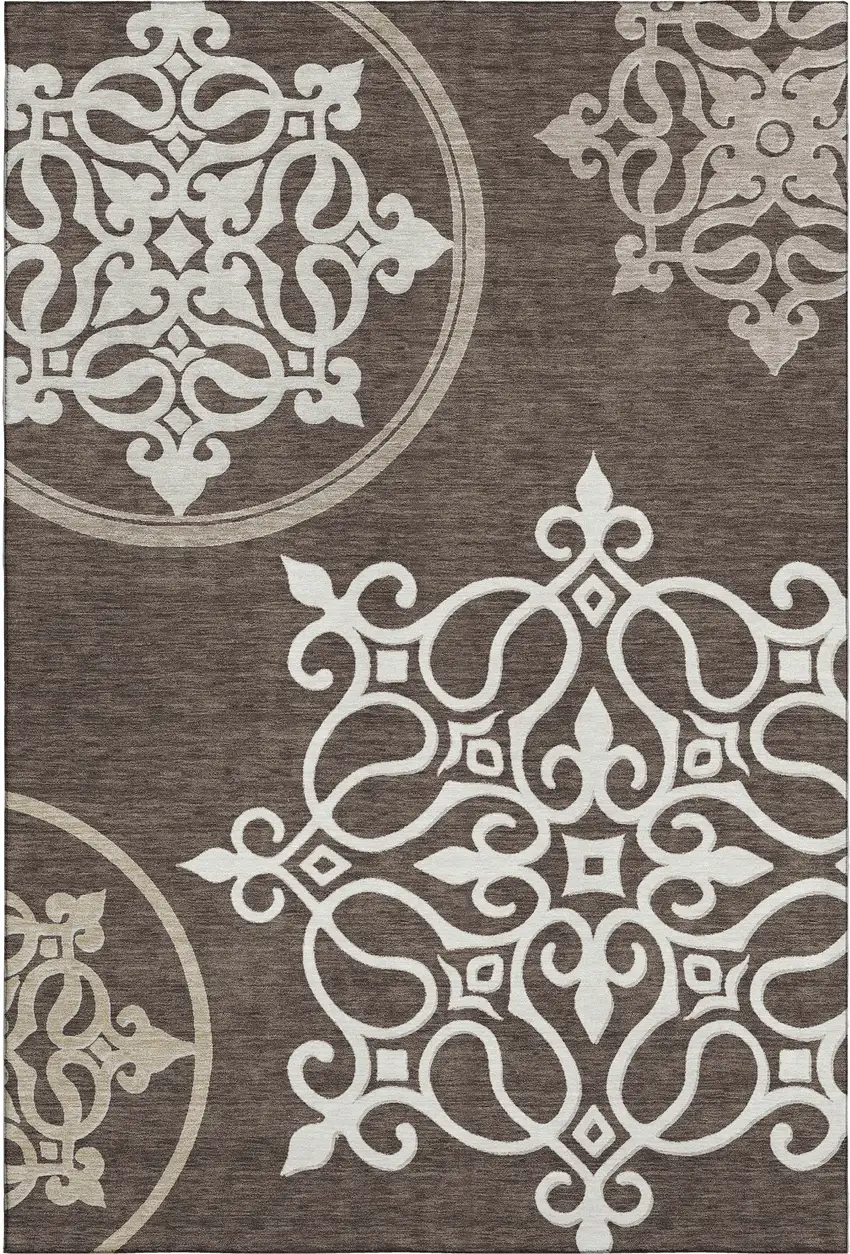 Chocolate And Ivory Floral Medallion Washable Area Rug With UV Protection Photo 1