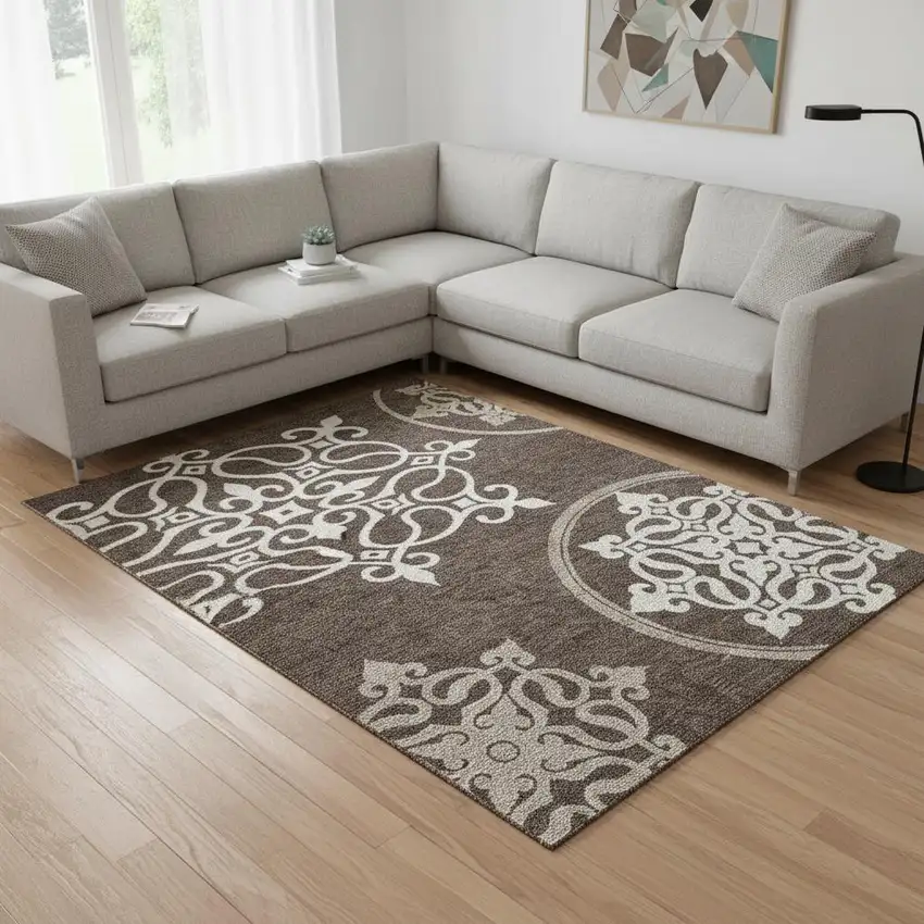 Chocolate And Ivory Floral Medallion Washable Area Rug With UV Protection Photo 2