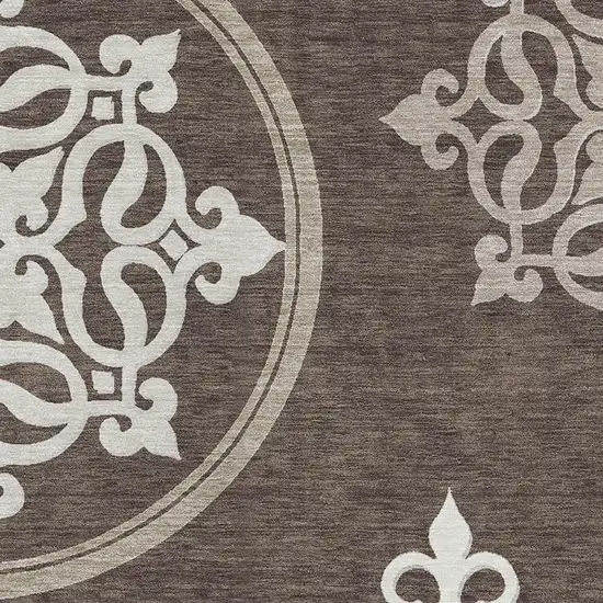 Chocolate And Ivory Floral Medallion Washable Area Rug With UV Protection Photo 3
