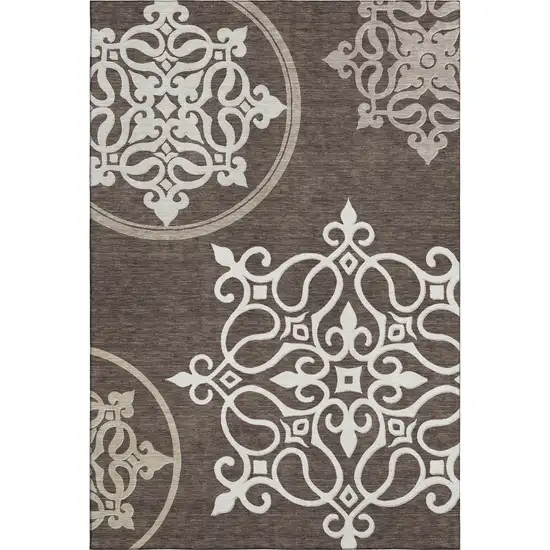 Chocolate And Ivory Floral Medallion Washable Area Rug With UV Protection Photo 1
